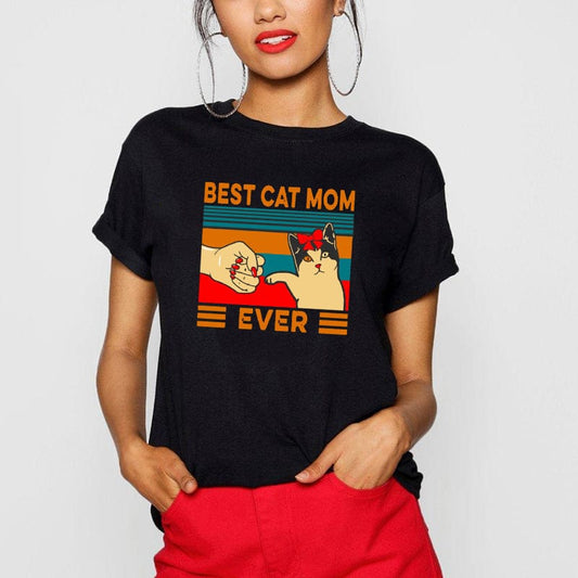 Cat-themed "Best Cat Mom Ever" black tee for moms