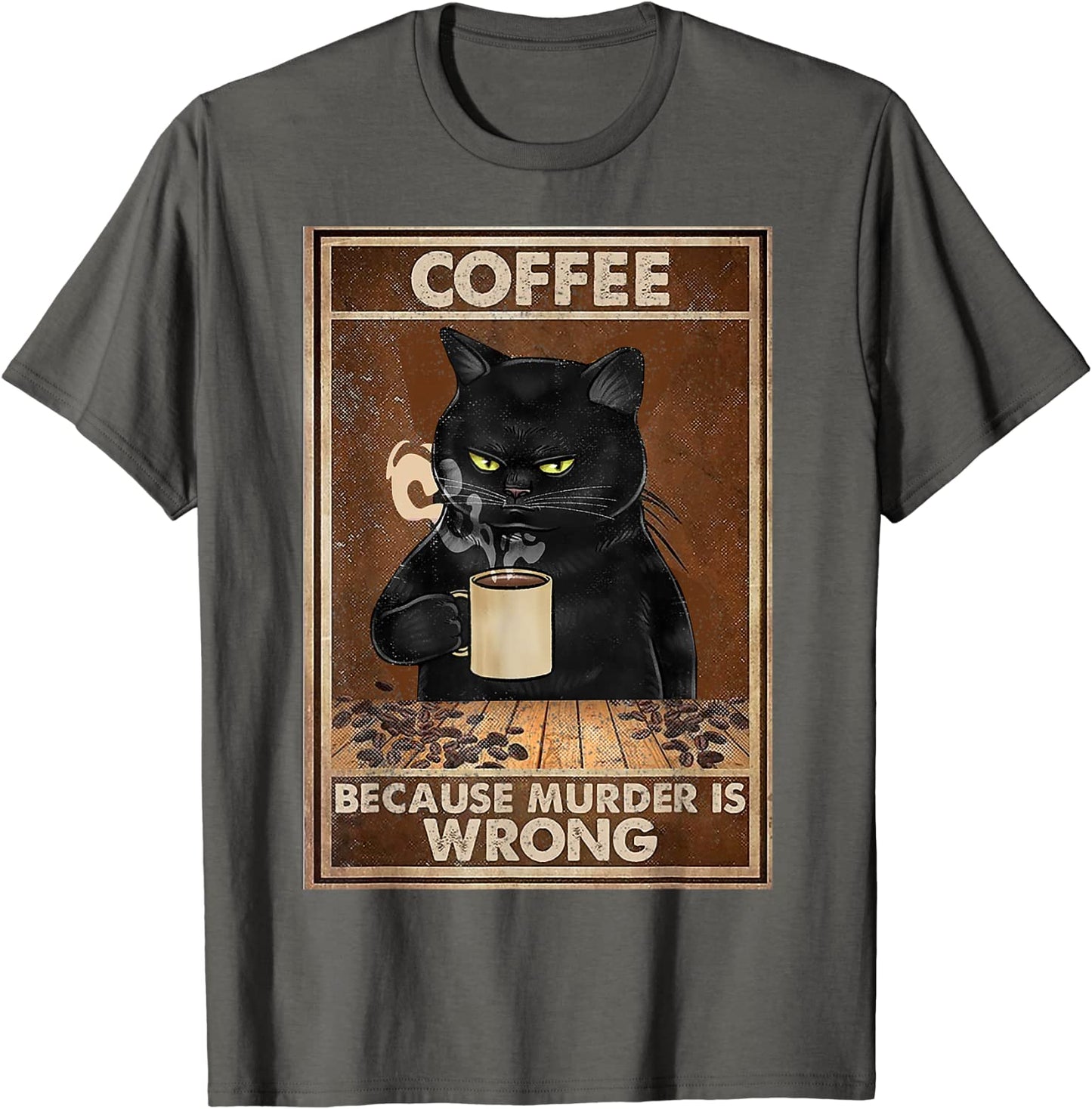 T-shirt with black cat and coffee graphic for cat enthusiasts