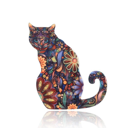 Cat-shaped brooch with multicolor floral design for bags