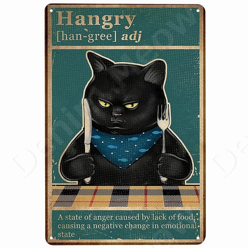Hangry Black Cat Funny Retro Metal Sign