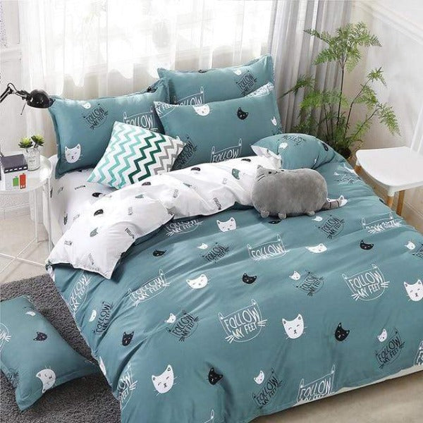 Kitty Duvet Cover Pillowcase Set In Blue Color