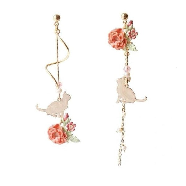 Long Gold Floral Cat Earrings – Full Length Product View