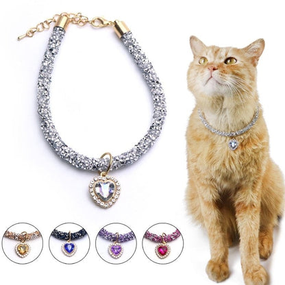 Premium cat collar with heart pendant Cat Collar Heart Gem Pendant Party Reflective Rhinestone Necklace Adjustable Cats Puppy Chihuahua Pet