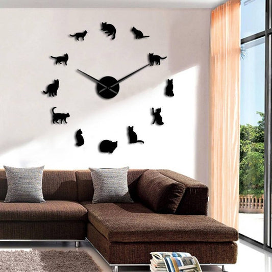 Frameless Cats Silhouette Wall Clock Frameless Cats Silhouette Wall Art Clock Watch Kittens 3D DIY Wall Clock Playful Cat Shape Big Needles Girl Room Kit Decoration