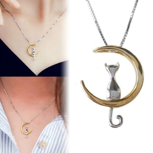 Moon Cat Vintage Necklace Worn Crescent Moon Pendant