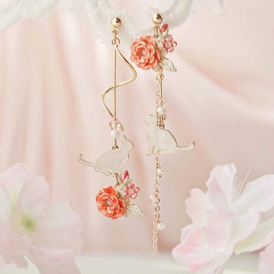 Ornate Floral Cat Drop Earrings – Gold Rose Statement Jewelry Front View
