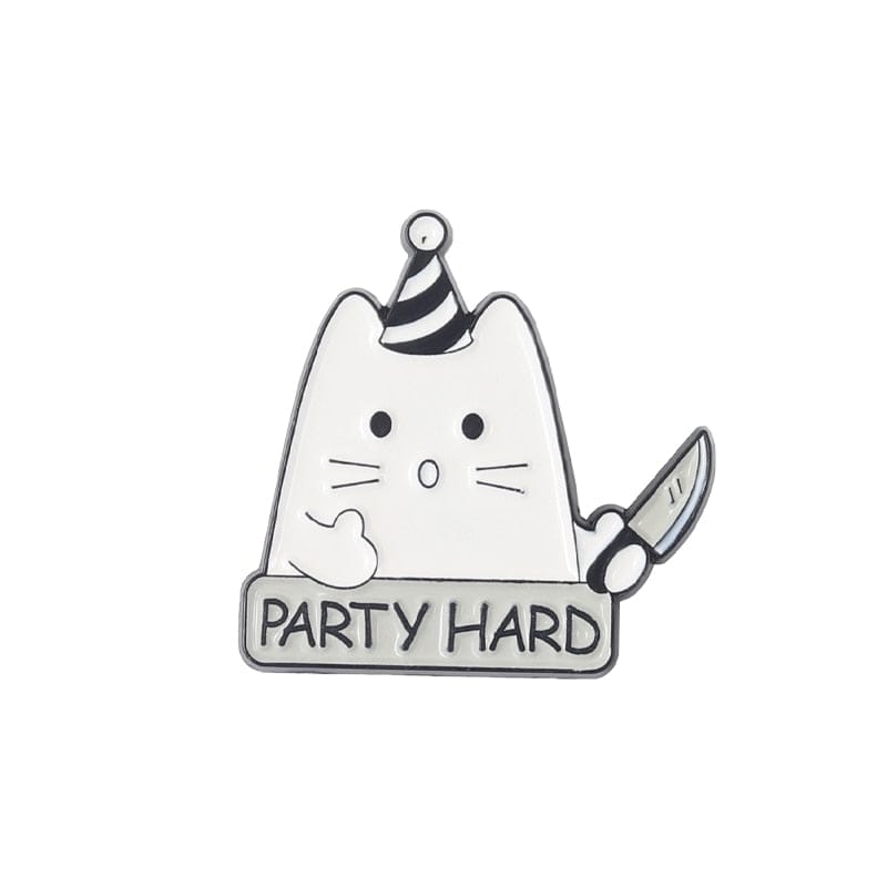 Party Hard Cat Enamel Pin – Funny Cat Brooch Design
