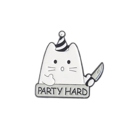 Party Hard Cat Enamel Pin – Funny Cat Brooch Design