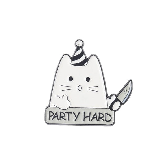 Party Hard Cat Enamel Pin – Funny Cat Brooch Design