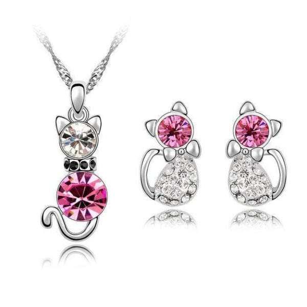 Pink Crystal Cat Necklace and Earrings Matching Set