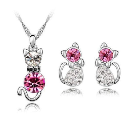Pink Crystal Cat Necklace and Earrings Matching Set