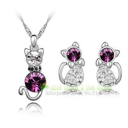 Purple Crystal Cat Jewelry Set Sparkling Silver Finish