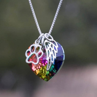 Rainbow Heart Paw & Wings Memorial Necklace – Outdoor Close-Up