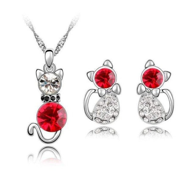 Red Crystal Cat Necklace and Earrings Set Silver Tone