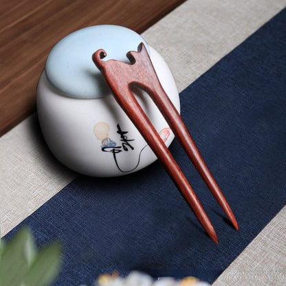 Reddish Brown Classic Cat Wooden Hairpin – Ethnic Style Hair Stick
