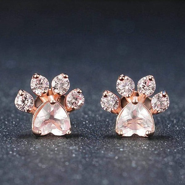 Rose Gold Cat Paw Stud Earrings with Pink Stones