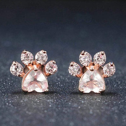 Rose Gold Cat Paw Stud Earrings with Pink Stones