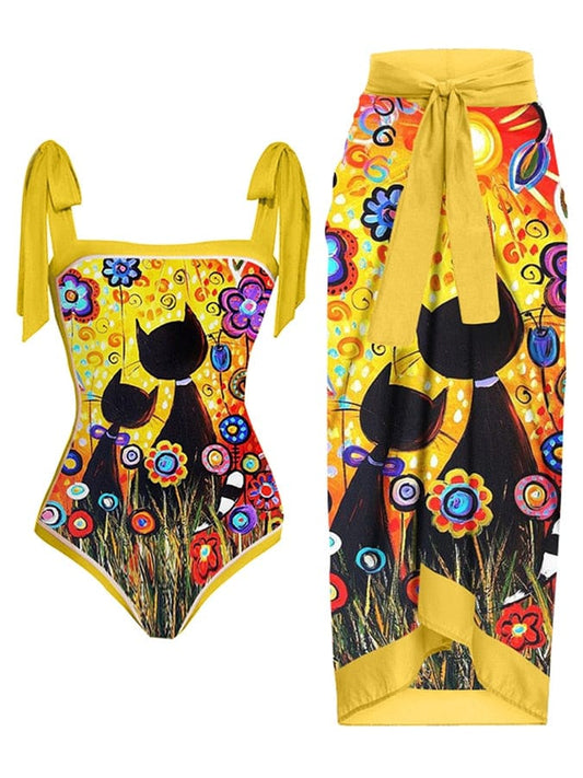 Cute cat swimsuit and cover-up set