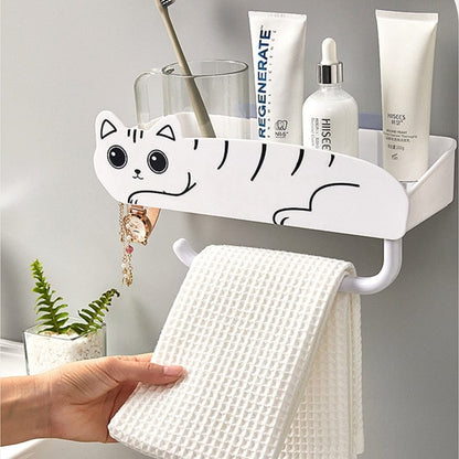 Cute cat bathroom organizer Cat Bathroom Shelf Organizer, Punch-Free Storage Rack with Hooks, Shampoo Shower Storage Rack, Bathroom Storage Accessory