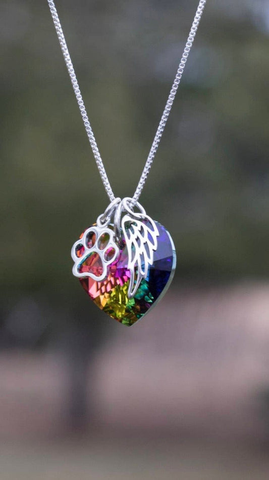 Cat memorial necklace with rainbow bridge wings
