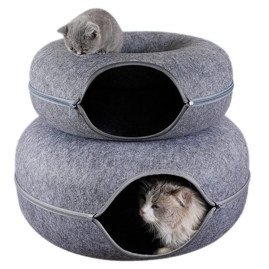 Cat donut bed with interactive features