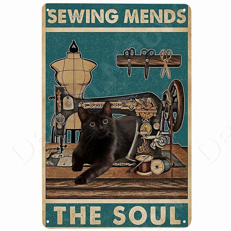Sewing Mends the Soul Vintage Black Cat Metal Wall Art