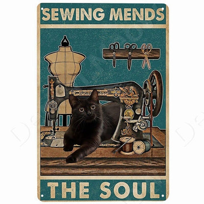 Sewing Mends the Soul Vintage Black Cat Metal Wall Art