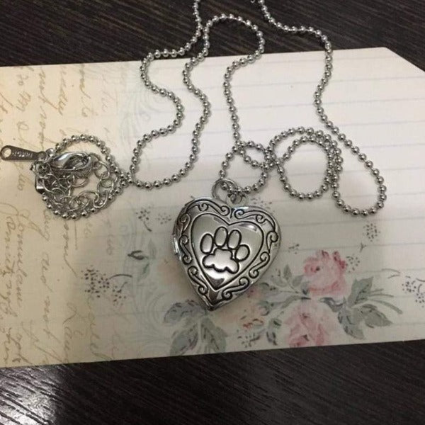 Silver Cat Paw Memory Locket Necklace Vintage Style