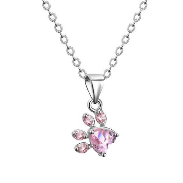 Silver Cat Paw Necklace with Pink Stone Pendant