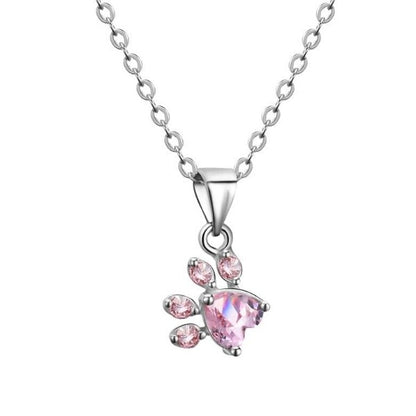Silver Cat Paw Necklace with Pink Stone Pendant
