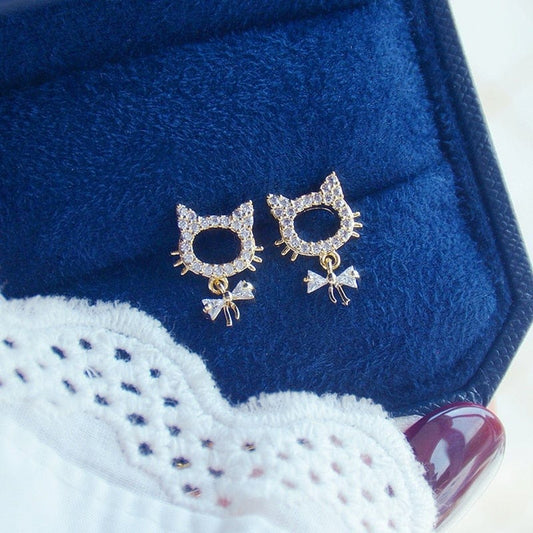 Sparkly Stud Cute Kitty Earrings – Zircon Cat Studs in Gift Box
