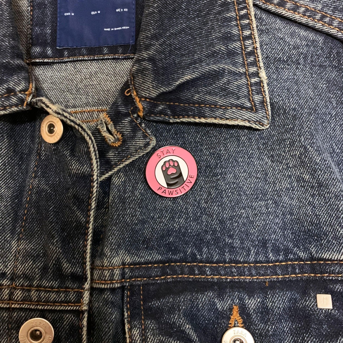 Stay Pawsitive Cat Brooch – Worn on Denim Jacket