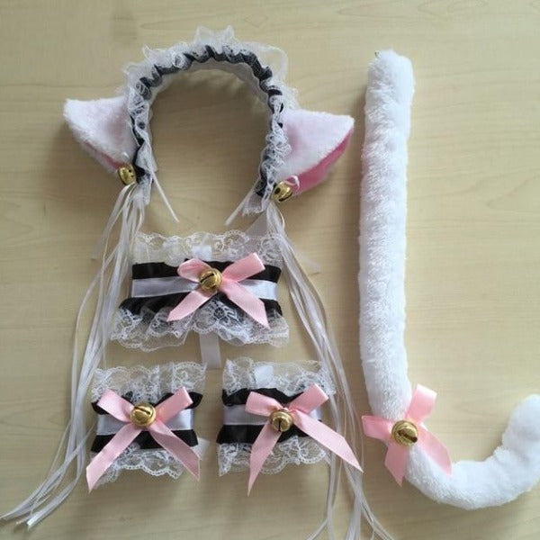 White Black Cat Ear Hooded Costume Lace Bow Design