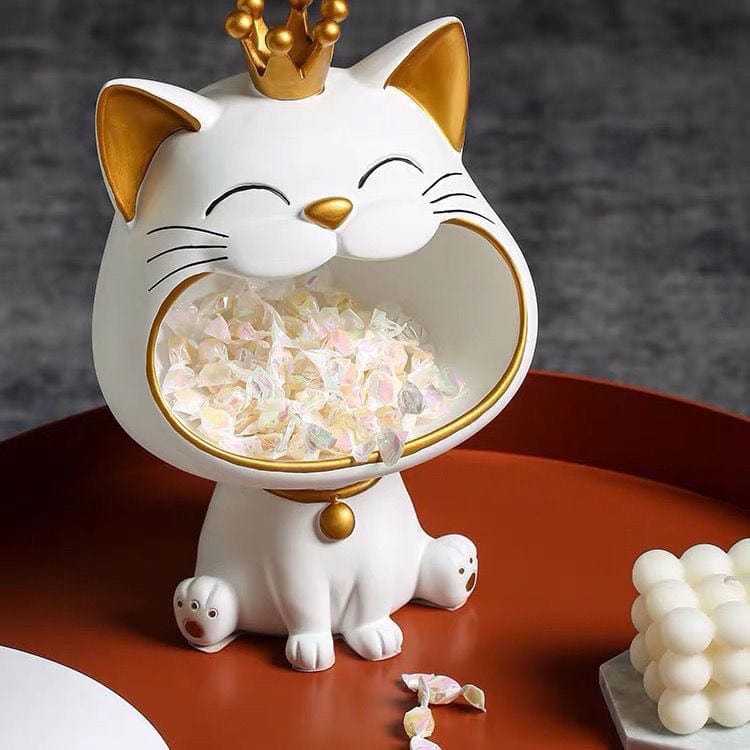 White Crown Cat Figurine Snack & Key Storage – Decorative Resin Statue