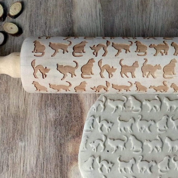 cat engraved rolling pin wooden rolling pin for dough