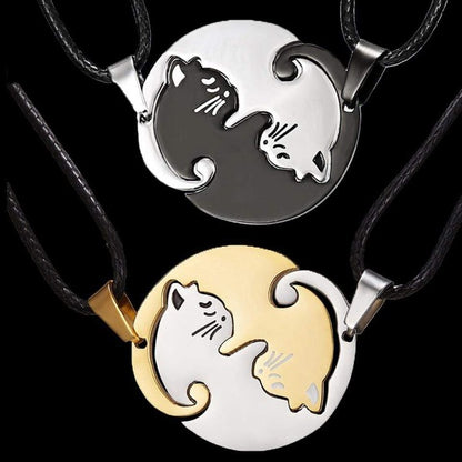 Yin and Yang Cat Couple Necklace Gold and Silver Pendant Set