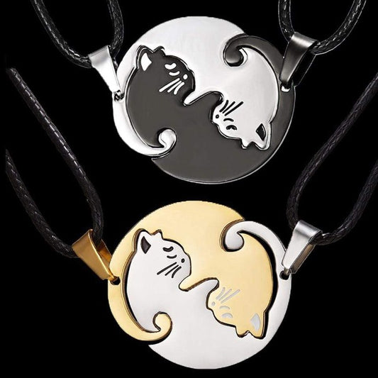Yin and Yang Cat Couple Necklace Gold and Silver Pendant Set