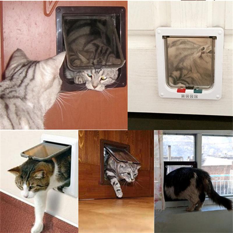 Lockable Pet Safe Cat Door,  Transparent Plastic Interior 4 way Flap