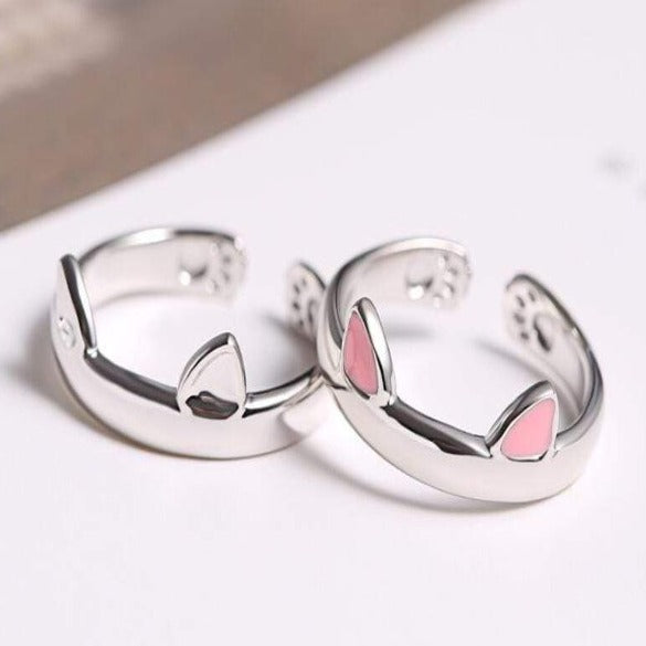 Handmade with love new adjustable cat ring open paws & ears silver band ring silver jewelry