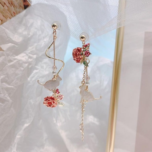 Cat and rose earrings, flower earring, rose jewelry