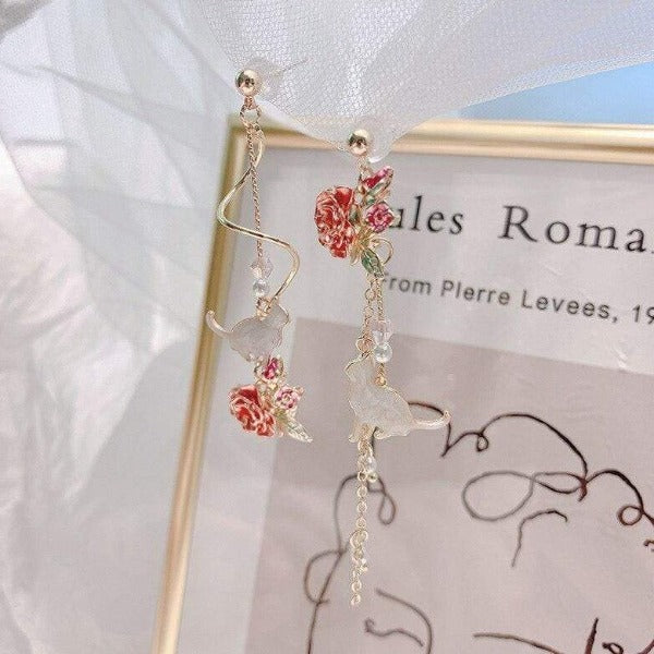 rose long dangle earrings, Flower earrings