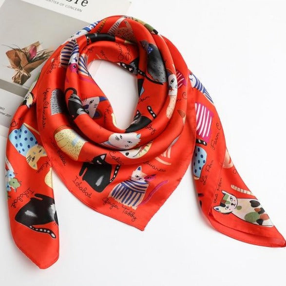 Multi Coloured Funky Cat Print Silk Scarf