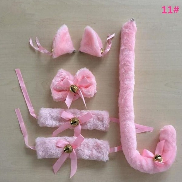 Pink Cat Headband Ears, Tail, and Bow Tie Costume Accessory Set