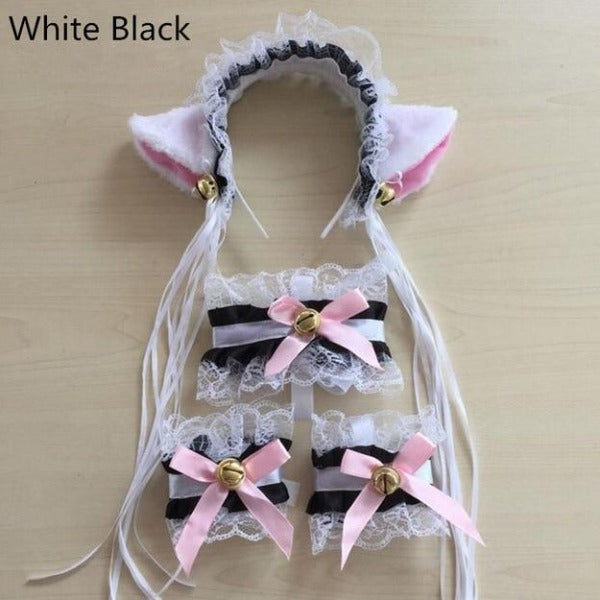 Cat Cosplay Costume Women Bracelets Neckwear Tail Cat Ears Hair Headband Set