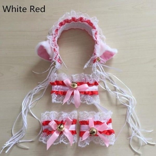 White red Cat Set With Paws Tail Bow And Ears