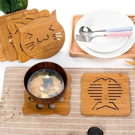 Cat and fish design wooden coaster
