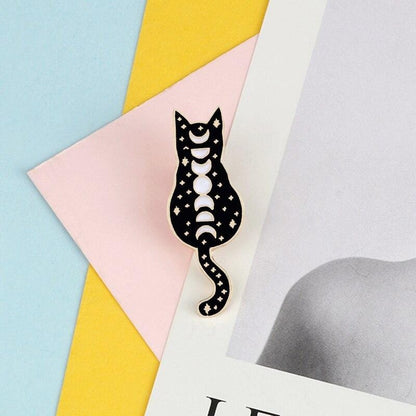 Stylish black cat enamel brooch for cat lovers Black Witch Cats Enamel Pin Custom Moon Phase Cartoon Wizard Cat Brooch Bag Jackets Shirt Lapel Pins Badge Jewelry Gift for Kids