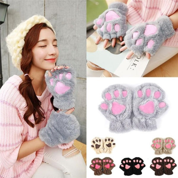 Fluffy Cat Paw Fingerless Gloves For Women