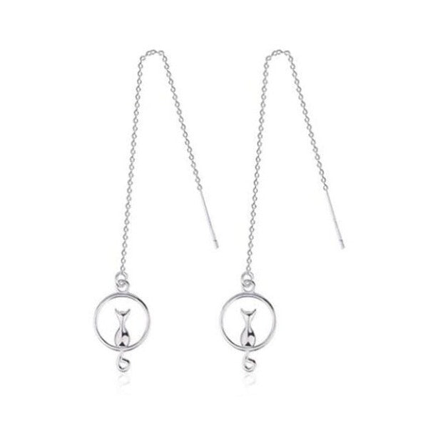 Cute Cat moon Long Chain Sterling Silver Drop Earrings