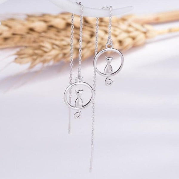 Silver Cat and Moon Earrings